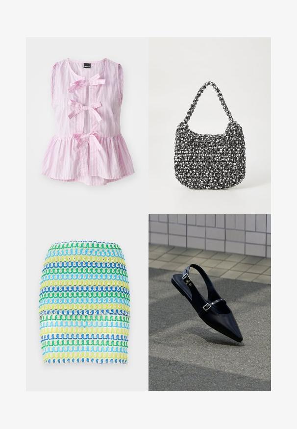 Vaaleanpunaraitainen ja valkoinen hihaton toppi, jossa on peplum-helma, kolme etuvenytystä ja pyöreä pääntie. Kevyt kangas.; Minihame tekstiili, jossa on vaakasuorat raidat sinisessä, vihreässä ja keltaisessa. Suunnittelussa on teksturoitu, kudottu ulkonäkö kerroksellisella efektillä.; Musta, kärjestään soikea slingback-matalakantainen kenkä, jossa on kaksoissolkiset hihnat, lepää harmaalla asfaltilla laatoitetun seinän lähellä.; Kudottu käsilaukku mustavalkoisena, pyöreällä muotoilulla, tekstuuripinnalla ja pitkillä punottu kahvalla. Sopii arkikäyttöön.