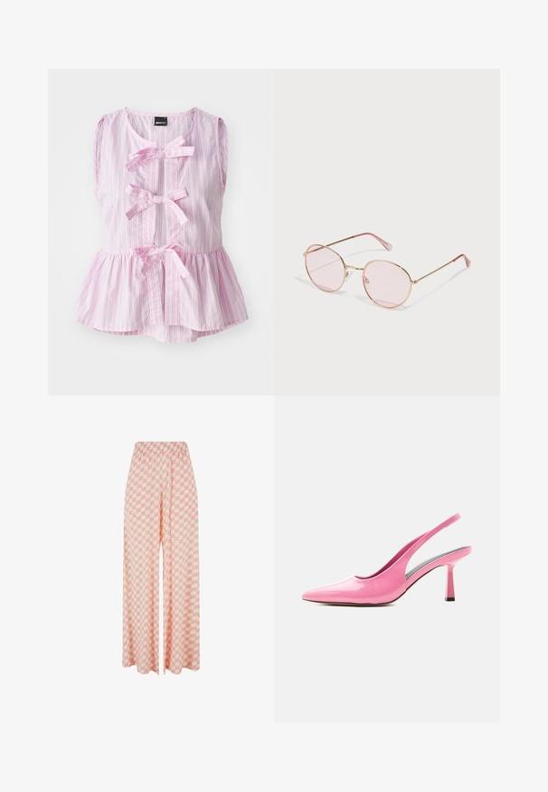 Haut sans manches à rayures roses et blanches avec un ourlet en peplum, présentant trois nœuds sur le devant et un col rond. Tissu léger.; Pantalon à jambes larges avec un motif à carreaux rose et blanc et une taille élastique, présenté sur un fond blanc uni.; Escarpin slingback rose brillant avec bout pointu et talon bloc de hauteur moyenne sur fond blanc.; Lunettes de soleil rondes avec monture en métal doré, verres roses et embouts de branche rose clair ; dotées de plaquettes de nez ajustables pour le confort.