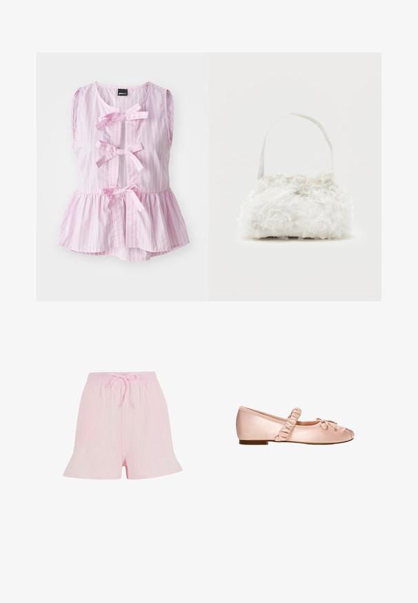 Haut sans manches à rayures roses et blanches avec un ourlet en peplum, présentant trois nœuds sur le devant et un col rond. Tissu léger.; Shorts rose clair en tissu texturé, dotés d'une taille élastique avec un lien à nouer et d'une silhouette décontractée et évasée.; Une ballerine plate en satin rose pâle avec une bride élastique froncée et un petit nœud décoratif sur fond blanc.; Petit sac à main blanc orné de roses en tissu recouvrant le corps et d'une fine anse unique, sur un fond uni.