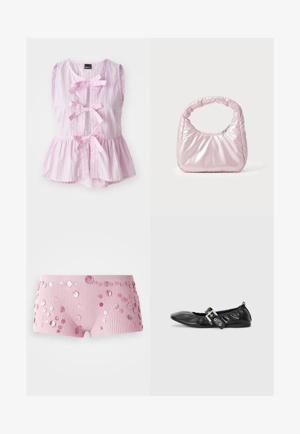 Lyserød og hvid stribet ærmeløs top med peplum kant, der har tre frontsløjfer og en rund halsudskæring. Letvægtsstof.; Lyserøde ribbede shorts prydet med forskellige størrelser af skinnende lyserøde knapper spredt over stoffet.; Sorte læder flade sko med spids tå, samling detaljer omkring åbningen, og en sølv spænde accent på den justerbare rem.; Rosa, polstret håndtaske med afrundet design, lavet af skinnende materiale. Har et samlet håndtag og en lynlås til sikker adgang.