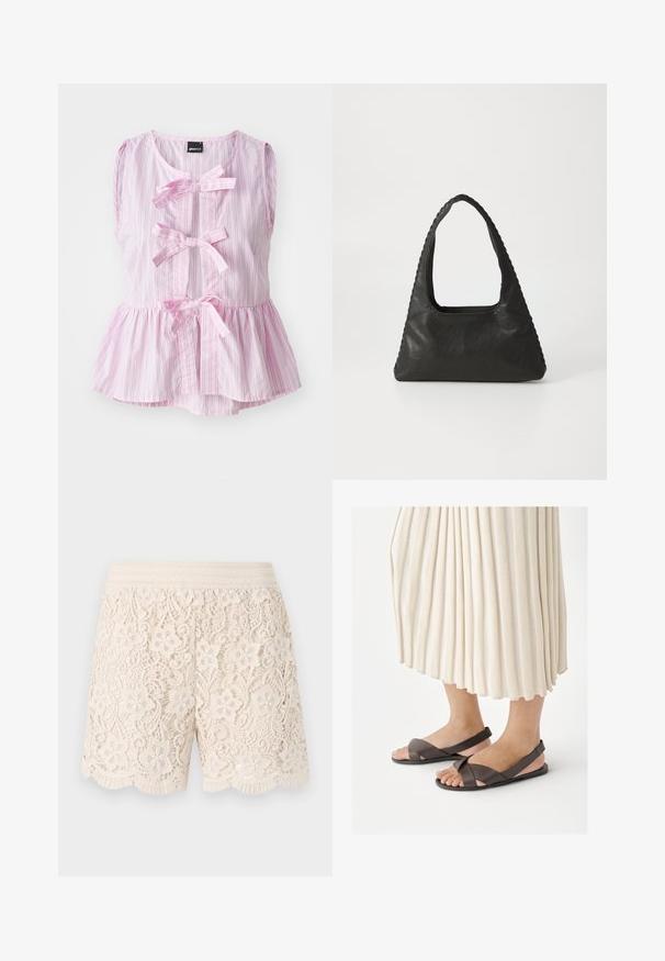 Haut sans manches à rayures roses et blanches avec un ourlet en peplum, présentant trois nœuds sur le devant et un col rond. Tissu léger.; Shorts en dentelle couleur blanc cassé avec des motifs floraux, ourlet festonné et taille élastique, présentant des détails intriqués sur l'ensemble du tissu.; Pieds portant des sandales marron foncé à bride arrière avec des bretelles croisées, assorties à une longue jupe plissée de couleur crème.; Sac à main en cuir noir de forme triangulaire, avec une grande poignée découpée et des coutures détaillées le long des bords. Texture lisse.