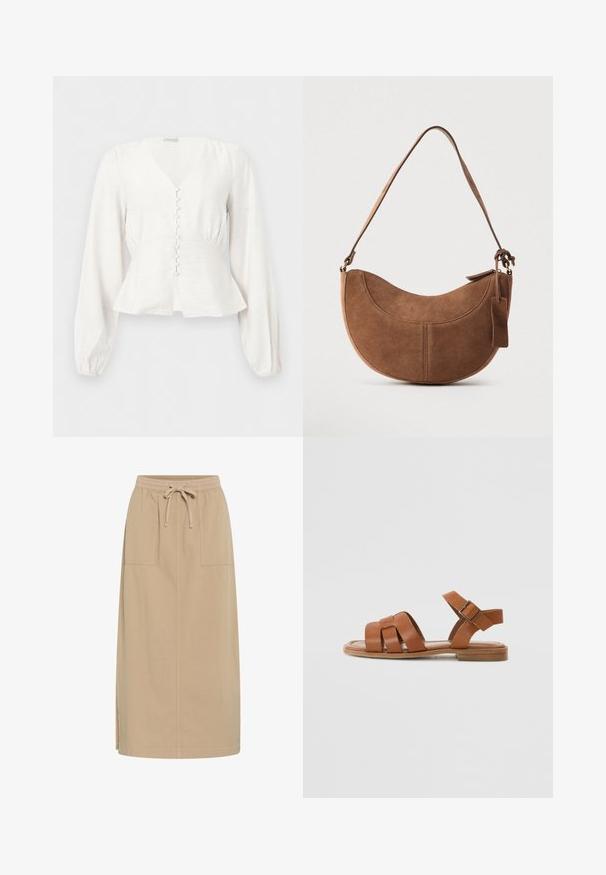 Hvid langærmet bluse med V-hals, figursyet talje, stofbetrukne knapper foran og let udvidet skørt mod en ensfarvet baggrund.; Beige bomuldsnederdel med snoreliv, to sidelommer, lige pasform og sideslidser for nem bevægelse. Glat tekstur.; Brune lædersandal med krydsende stropper, åben bagside og sidespænde detalje. Flad sål og glat tekstur. Enkel, minimalistisk design.; Brun ruskinds håndtaske med en buet, halvmåneformet silhuet. Har en skulderrem, et lille mærke og synlige sømme langs kanterne.