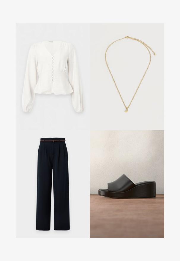 Blouse blanche à manches longues avec col en V, taille cintrée, boutons recouverts de tissu sur le devant, et ourlet légèrement évasé sur un fond uni.; Pantalon noir taille haute à jambes larges avec plis et une fine ceinture tressée marron, présenté sur un fond blanc.; Sandale à plateforme noire en cuir, à bout ouvert, avec le logo Anna Field sur la semelle intérieure, présentée sur un fond sombre flou.; Collier chaîne en or avec un petit pendentif en forme de lettre "J" en or et un fermoir réglable sur fond blanc.