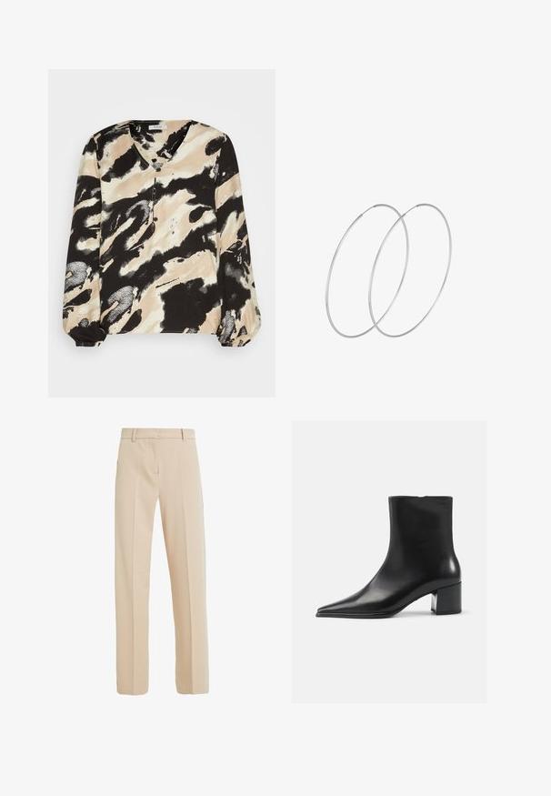 Langsleeve blouse in zwart, beige en wit abstract patroon. Beschikt over een V-halslijn en knoopdetails langs de voorkant. Zachte stoftextuur.; Beige op maat gemaakte broeken van gladde stof, met een rechte pijp, zijzakken en plooi-details aan de voorkant.; Zwarte leren enkellaars met een spitse neus, een soepele textuur en een middenblokhak. Minimalistisch ontwerp, ritssluiting aan de achterkant.; Zilveren hoepel oorbellen met een minimalistisch ontwerp. Cirkelvormig, gladde textuur en dun profiel. Lichtgewicht met een gepolijste afwerking.