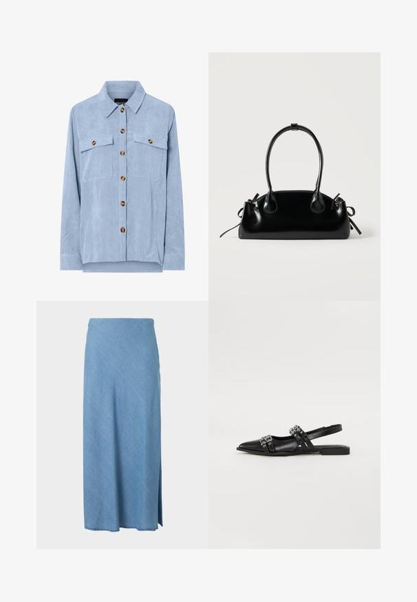 Chemise en velours côtelé bleu clair à boutons, manches longues, deux poches poitrine avec rabats à boutons, et col classique.; Jupe midi bleu clair à coupe droite avec une petite fente latérale, en tissu doux.; Even&Odd by Zalando Ballerines à brides arrière - black; Petit sac à main noir brillant avec deux longues anses et des détails à cordon sur les côtés sur un fond clair uni.