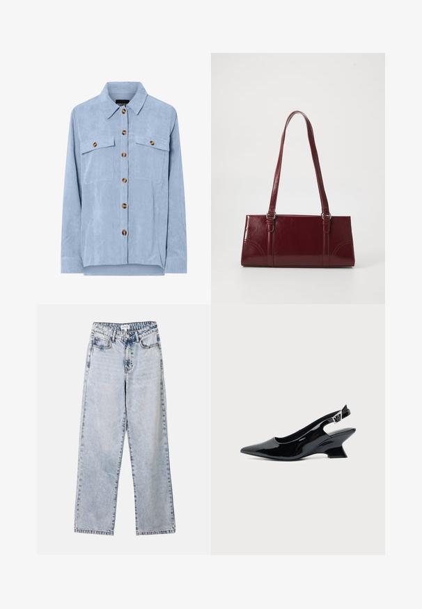 Camisa de pana azul claro con botones, mangas largas, dos bolsillos en el pecho con solapas y botones, y un cuello clásico.; Vaqueros de pierna recta de color azul claro, confeccionados en denim, con dos bolsillos frontales, cierre de botón y costuras en contraste a lo largo de las costuras.; Zapato slingback de cuero charol negro con puntera puntiaguda y tacón bajo en bloque inclinado sobre fondo claro liso.; Bolso burdeos hecho de material brillante, de forma rectangular, con dos asas para el hombro y sutiles acentos curvados en la parte frontal.