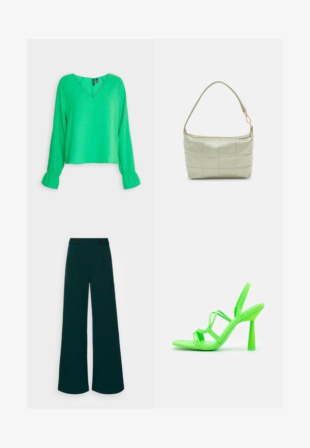 Vero Moda POLLIANA INGE LS WVN GA - Bluse - bright green; Bredde bukser i mørk teal stof, med høj talje og dobbelte knaplukninger, skarpe folder og en glat, strømlinet tekstur.; Call it Spring Højhælede sandaletter / Højhælede sandaler - bright green; Polstret grøn skuldertaske med blød tekstur, rektangulær form, enkelt strop og lynlås i guldtoner. Har et quiltet mønster.