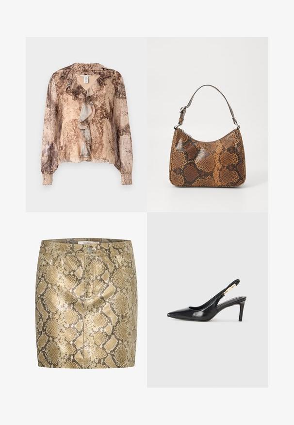 Langærmet bluse med slangehudsmønster i nuancer af beige og brun, med en flæset front og sammensnørede ærmer. Blødt, letvægts stof.; Slangeprint mini nederdel med metallisk glans i nuancer af guld og beige. Har knaplukning og for- og baglommer. Tekstureret overflade.; Sort læder slingback højhælede sko med spidse tæer, glat overflade og en smal ankelrem med guldfarvede hardware detaljer.; Lille håndtaske med brun og sort slangeskinn mønster, kort justerbar rem og lynlåslukning.