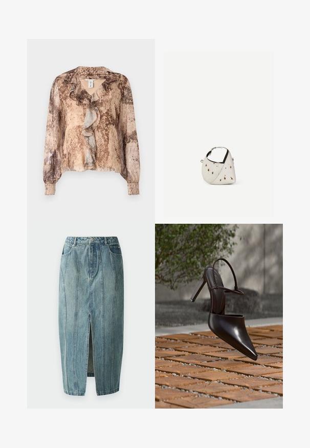 Langærmet bluse med slangehudsmønster i nuancer af beige og brun, med en flæset front og sammensnørede ærmer. Blødt, letvægts stof.; Copenhagen Muse JEANNE SKIRT - Denimnederdele - medium dirty washed denim; Blank højhælet mule med spids tå og ankelrem, svævende over en terracottaflisebelagt overflade med grusfyldte mellemrum.; Lille hvid håndtaske med brune pletter, afrundet trekantet form, sort indvendig foring og kort justerbar rem med sølvspænde.
