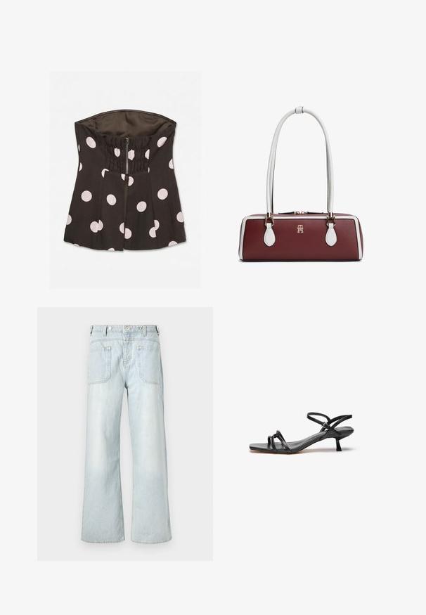 Sort stropløs korset top med store hvide polkaprikker, frontlynlås og rynket elastisk detalje ved brystet.; Lysblå denim brede bukser med høj talje, to baglommer og subtilt slid, med gul syning.; Sorte lædersandaler med et slankt, minimalistisk design. Har to tynde remme og en lille, skrå hæl. Glat tekstur og åben tå.; Rektangulær burgunder håndtaske med hvid kant og lange hvide håndtag, med et lille guldlille logo midt foran.