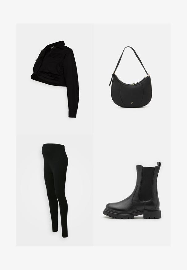 MAMALICIOUS MLSHERIE CROP SHIRT - Bluse - black; Sorte graviditetsleggings med en høj, støttende talje, glat tekstur, tætsiddende design og ingen synlige mønstre eller udsmykninger.; Svarte læder ankelstøvler med elastiske sidepaneler, en rund tå og en robust sål med udtalte skridsikre riller.; Sort læderhåndtaske med en buet form, struktureret overflade, forreste syninger og et logo i guldfarve. Har en enkelt justerbar rem.