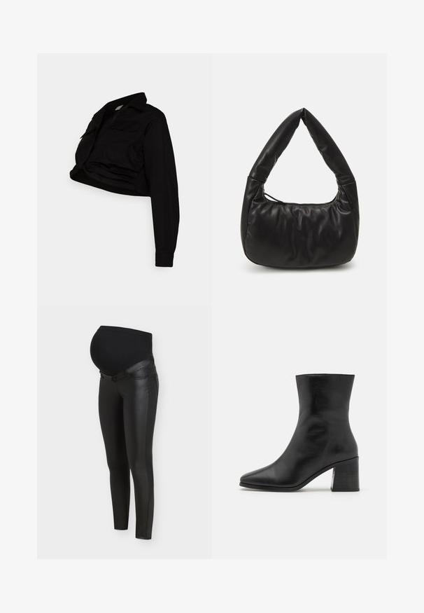 MAMALICIOUS MLSHERIE CROP SHIRT - Bluse - black; Schwarze Umstandsleggings mit vorderen Einsätzen aus Kunstleder und dehnbarem Stoff über dem Bauch für Komfort und Unterstützung während der Schwangerschaft.; Schwarze Leder-Ankle Boots, spitzer Zeh, glatte Textur, mittelhoher Blockabsatz, minimalistisches Design und gestickte Abschlüsse entlang des Kragens.; Schwarze Leder-Schultertasche mit lässigem Design, ausgestattet mit einem markanten, geknoteten Griff und einem Reißverschlussverschluss. Sanfte Textur über die gesamte Fläche.