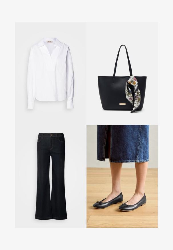 Chemise blanche à manches longues en tissu texturé léger, dotée d'un décolleté en V, d'un col surdimensionné et de fines rayures verticales.; Mos Mosh MMDARA DELUXE JEANS - Jean boyfriend - dark blue; Ballerines en cuir noir avec un bout arrondi, un petit nœud décoratif et un petit talon en bois, portées avec une jupe en denim.; Sac fourre-tout en cuir noir avec deux poignées, orné d'une écharpe en soie florale attachée à la poignée et d'un accent logo métallique à l'avant.
