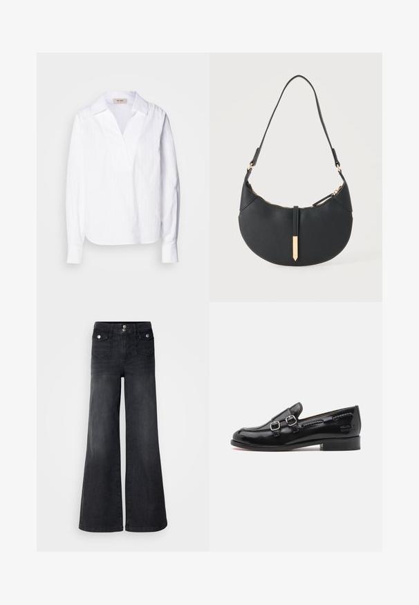 Hvid langærmet skjorte lavet af letvægts tekstureret stof, med V-hals, oversize krave og subtile lodrette striber.; Sorte denim brede ben jeans med høj talje, forknapper og to forlommer; glat tekstur med en let falmet finish.; Sort laker af patentlæder med dobbelt sølvspændeaccent, let afrundet tå og en lav stablet hæl. Tekstureret sømdetalje langs overdelen.; Sort håndtaske formet som en halvmåne med en enkelt rem, guld lynlås og en guldfarvet rektangulær dekorativ fane foran.