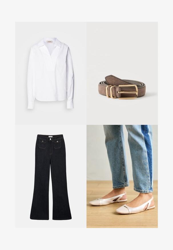 Hvid langærmet skjorte lavet af letvægts tekstureret stof, med V-hals, oversize krave og subtile lodrette striber.; Sorte denim jeans med høj talje, flared ben, to frontlommer og orange syninger. Materialet ser solidt og glat ud.; Lyserøde slingback flade sko med spidse tær, lavet af et glat læderlignende materiale. Har udskæringsdetaljer på siderne og en flad hæl.; Rullet brun ruskindsbælte med gyldent rektangulært spænde og to gyldne bæltestropper på en ensfarvet lys baggrund.