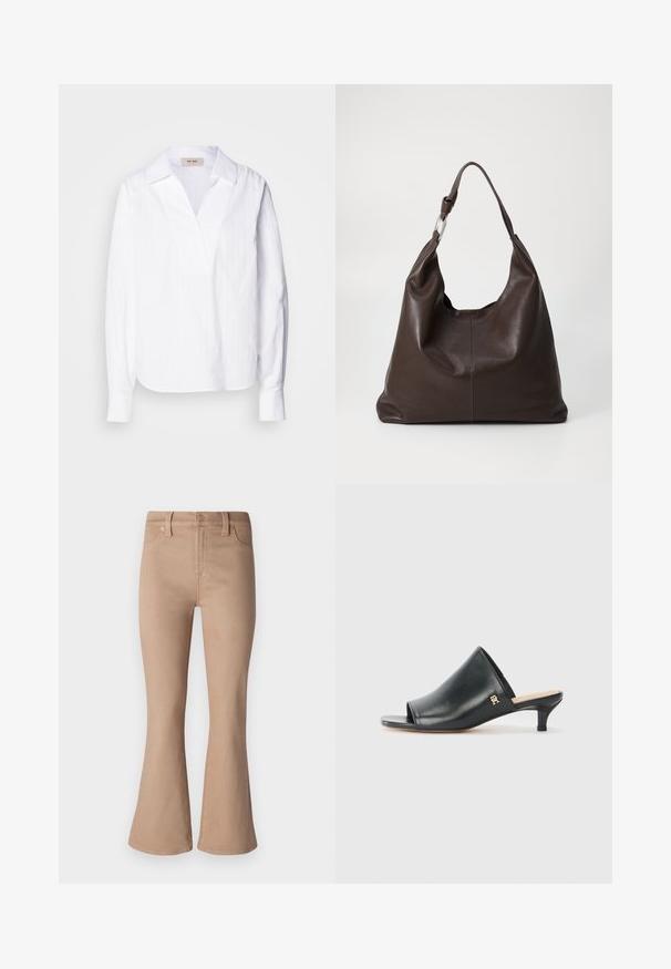 Chemise blanche à manches longues en tissu texturé léger, dotée d'un décolleté en V, d'un col surdimensionné et de fines rayures verticales.; Jean flare beige en denim, avec une texture lisse, des poches avant, une fermeture éclair et des accents en boutons et rivets dorés.; Mules ouverts en cuir noir avec un talon bas. Présentent une surface lisse et un accent logo doré sur le côté.; Zign Cabas - chocolate brown