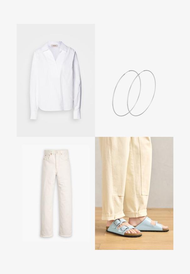 Witte langemouwenshirt van lichtgewicht textuurstof, met een V-halslijn, een oversized kraag en subtiele verticale strepen.; Witte denim jeans met een recht gesneden ontwerp, vijf zakken en koperen hardware accenten. Afgeronde zoom aan de enkels.; Lichtblauwe open-toe sandalen met dubbele gespen, kurken voetbed en zwarte rubberen zool, gedragen bij crèmekleurige wijde broek.; Zilveren hoepel oorbellen met een minimalistisch ontwerp. Cirkelvormig, gladde textuur en dun profiel. Lichtgewicht met een gepolijste afwerking.