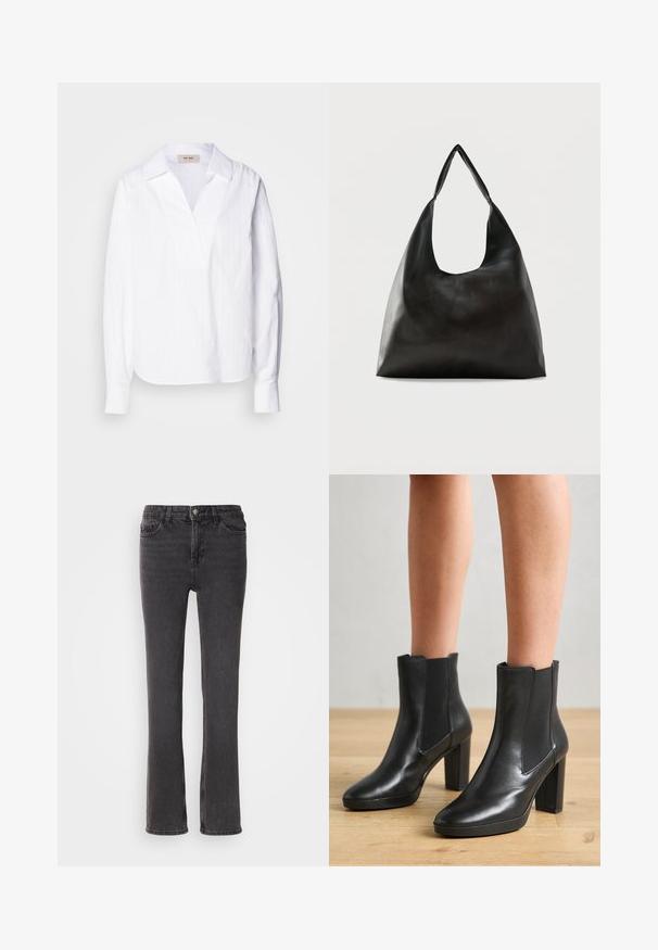Hvid langærmet skjorte lavet af letvægts tekstureret stof, med V-hals, oversize krave og subtile lodrette striber.; Sorte denim jeans med lige pasform, der har forlommer, lynlås og subtile stiksyninger. Stoffet har en let tekstur.; Sorte læderankelstøvler med blokhæle, udstyret med elastiske sidelapper, glat overflade og en slank silhuet.; Sort skuldertaske i glat læder med en bred, enkelt strop og et afslappet, minimalistisk design mod en ensfarvet baggrund.