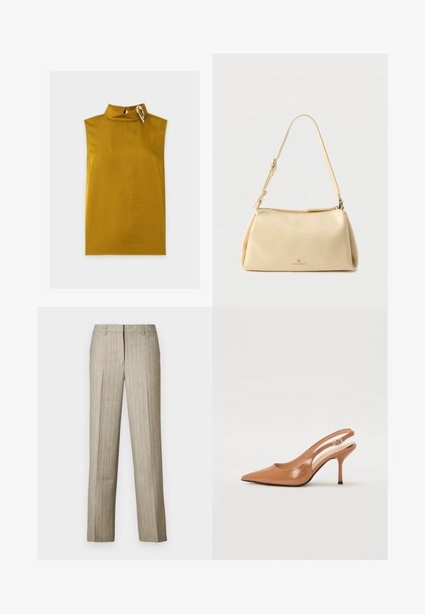 Haut sans manches jaune moutarde avec col haut et boucle ovale dorée décorative sur le côté droit du cou.; Pantalon beige à fines rayures avec une coupe droite, doté d'une ceinture structurée et d'une texture subtile sur l'ensemble du tissu.; Escarpin à talon slingback à bout pointu en matériau beige lisse et brillant. Présente un design de découpes courbées et un talon aiguille fin. Détail de boucle en argent.; Sac bandoulière rectangulaire beige avec sangle réglable et fermeture éclair, comportant un petit logo "Anna Field" au centre avant.