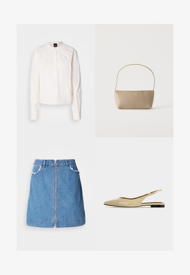 Blusa blanca de manga larga con cuello redondeado y tapeta de botones, que presenta sutiles rayas verticales, exhibida sobre un fondo liso.; Falda de mezclilla azul claro con cremallera en el frente, bordes de los bolsillos deshilachados y un diseño recto. El dobladillo tiene una ligera curvatura.; Zapato plano beige con puntera puntiaguda, diseño slingback, tacón bajo negro y acabado en cuero liso, mostrado de perfil sobre un fondo liso.; Bolso tejido beige con correa delgada para el hombro y pequeño logo dorado "BOSS" en el frente, presentado sobre un fondo blanco liso.