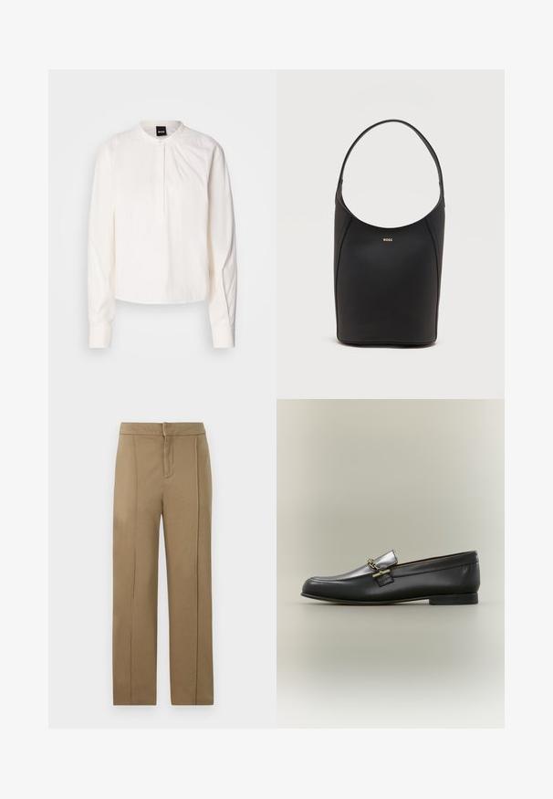 Hvid langærmet bluse med rund krave og knaplukning, prydet med diskrete lodrette striber, vist på en ensfarvet baggrund.; Khaki bukser lavet af glat stof, med en mellemhøj talje, lige ben-design og to lodrette sømme for ekstra detaljer.; Sort læderloafer med sølv øverste, gyldent kædedetalje, lav hæl og rundet tå på neutral baggrund.; Sort læder bucket taske med én skulderrem og lille guldfarvet BOSS-logo centreret tæt på toppen foran.