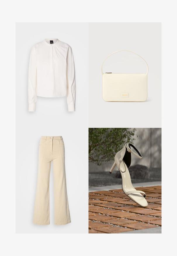 Blouse blanche à manches longues avec un col rond et une patte de boutonnage, présentant des rayures verticales subtiles, affichée sur un fond uni.; Jeans beige à jambes larges avec taille haute, poches avant, et couture contrastée, dotés d'une fermeture à bouton et d'une texture en coton lisse.; Sandale beige à talons hauts avec bride à la cheville posée sur des lattes en bois en extérieur, avec un arrière-plan flou de verdure et de béton.; Sac à main rectangulaire de couleur crème avec une seule sangle et une fermeture éclair sur le dessus, comportant une petite plaque de logo embossé à l'avant.