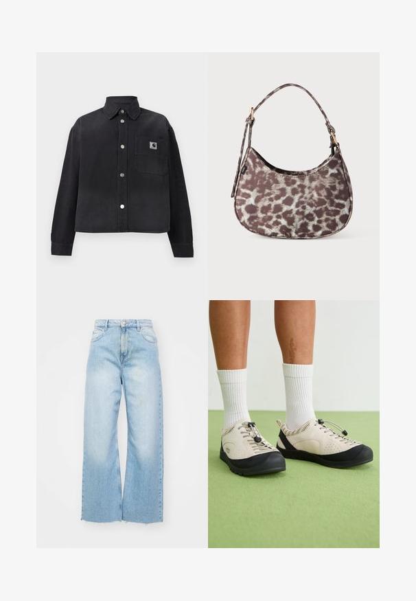 Sort langærmet jakke med knapper, krave og forreste brystlomme med et lille firkantet logopatch på højre side.; Lyseblå vidde jeans lavet af denim, med høj talje, falmede detaljer, knaplukning og rå kant i bunden.; Beige sko med sorte accenter, mesh sidedele og et sikkert snørebånd. Tykk gummisål med mønstret slidbane. Båret med hvide sokker.; Lille håndtaske med mørkebrun og lys beige dyreprintmønster samt kort skulderrem på hvid baggrund.