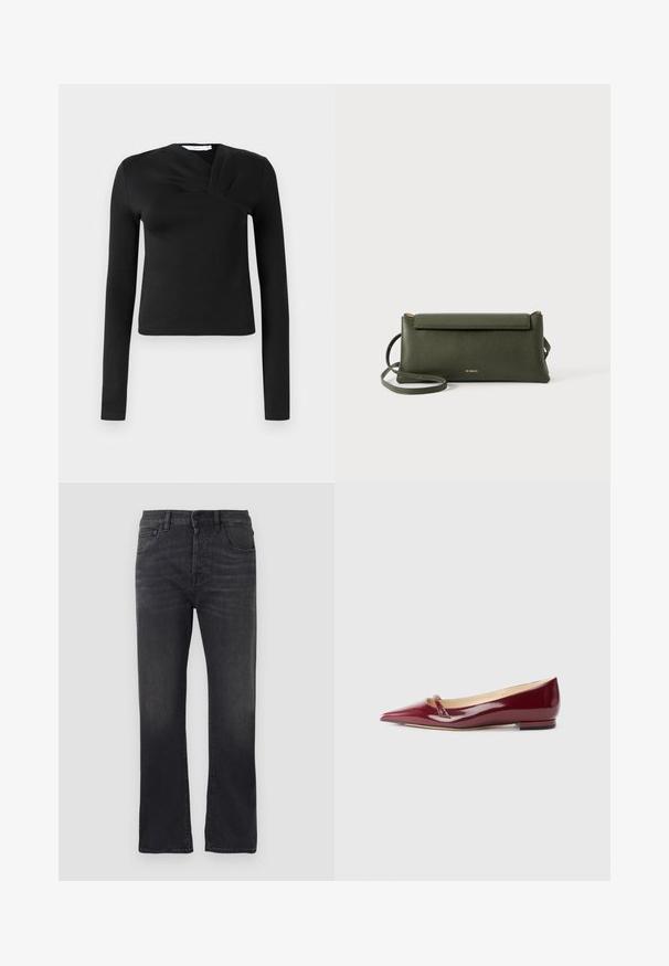 Sort langærmet top med en omslagsdesign, lavet af glat stof. Har en cropped længde og en V-formet udskæring. Ingen mønstre eller accenter.; Sorte denimjeans med lige ben, der har et klassisk fem-lomme design, knaplukning og subtilt slid på stoffet.; Bordeaux patenteret læderballerinaer med spids tå, der har en lille udskæring og en lav hæl. Glat tekstur og elegant design.; Mørkegrøn struktureret læder crossbody taske med klaplukning og tynd justerbar rem, præget med lille guld "Bee Projects" logo.