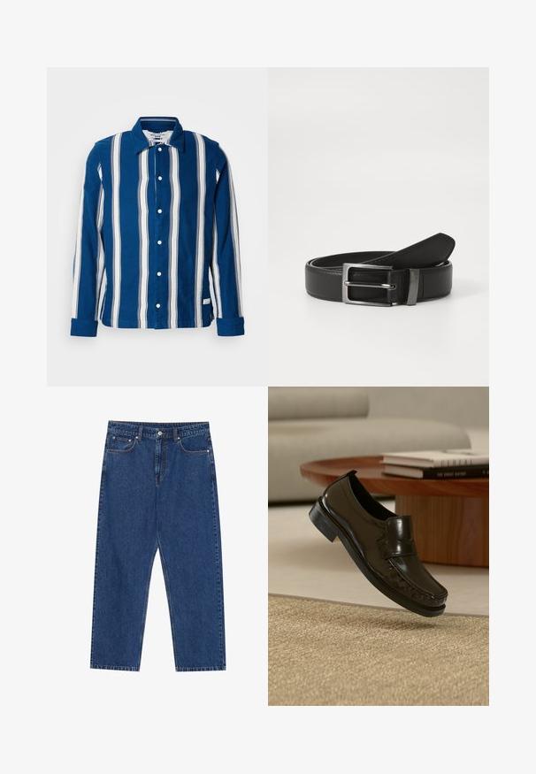 Blå og hvide skjorter med lodrette striber, lavet af bomuld, med krave, lange ærmer og et mærke ved kanten.; Mørkeblå denim jeans med lige ben, forlommer og en knaplukning med kontraststing hele vejen.; Sort læder slip-on loafersko svævende over et beige vævet tæppe med et træ sofabord og bøger i baggrunden.; Sort læderbælte med en sølvmetal spænde, der har en glat overflade og et klassisk design. Bæltet er pænt foldet.