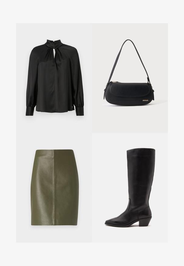 Zwarte blouse van glad, lichtgewicht materiaal met een hoge hals, een keyhole-voorkant en lange, gebochelde mouwen met getailleerde manchetten.; Olijfgroene leren mini-jurk met een gladde textuur, met een eenvoudig ontwerp en een centrale naad die over de achterkant loopt.; Zwarte leren laars tot half op de kuit met een puntige neus en een lage schuine hak op een effen lichte achtergrond.; Zwarte leren schoudertas met gebogen klep, gouden "HUGO" logo aan de voorkant en een enkele verstelbare riem.