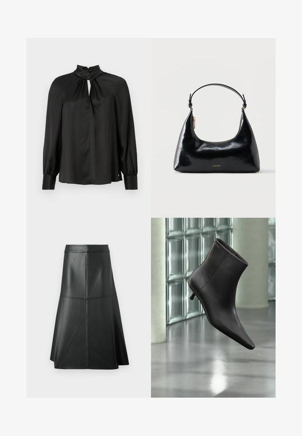 Zwarte blouse van glad, lichtgewicht materiaal met een hoge hals, een keyhole-voorkant en lange, gebochelde mouwen met getailleerde manchetten.; Zwarte leren A-lijn rok, met een gladde textuur, tot halverwege de kuit, met horizontale stikdetails in de taille en naden voor extra structuur.; Zwarte leren enkellaars met puntige neus en lage hak, afgebeeld tegen een glazen blokkenmuur en gepolijste vloer op de achtergrond.; Zwarte glanzende Calvin Klein handtas met gouden rits en korte band tegen een effen witte achtergrond.
