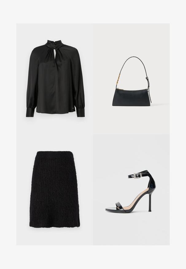 Zwarte blouse van glad, lichtgewicht materiaal met een hoge hals, een keyhole-voorkant en lange, gebochelde mouwen met getailleerde manchetten.; Zwarte gebreide rok met een gestructureerd patroon, middenlengte en een brede tailleband. Het materiaal lijkt zacht met een licht pluizige oppervlakte.; Zwarte sandalen met hoge hak van lakleer en een enkelriempje. Heeft een minimalistisch ontwerp, open teen en een gesp met strass-steentjes.; Zwarte leren handtas met een gouden ritssluiting en verstelbare band met gouden rechthoekige details op een witte achtergrond.