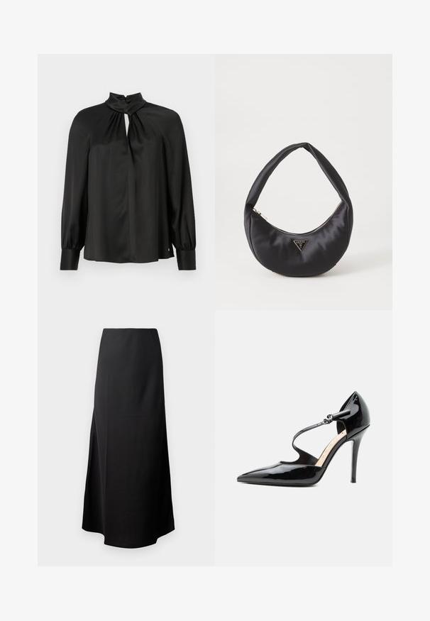 Blouse noire en tissu lisse et léger avec un col haut, un décolleté en trou de serrure à l'avant et de longues manches bouffantes avec des poignets ajustés.; Jupe midi noire avec une texture lisse, conçue avec une taille haute et une fente sur le côté, présentant une silhouette simple et sans ornements.; Chaussure à talon haut en cuir verni noir avec un bout pointu et une fine bride de cheville fermée par une petite boucle.; Sac à main en satin noir avec une forme courbée, doté d'une fermeture à glissière et d'un logo triangulaire en métal à l'avant. Texture lisse et design épuré.