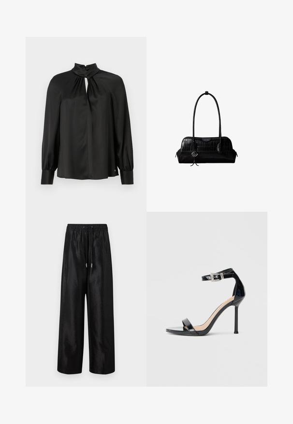 Schwarze Bluse aus leichtem, glattem Stoff, mit hochgeschlossenem Design, Schlüsselöffnung vorne und langen, gepufften Ärmeln mit eng anliegenden Manschetten.; Schwarze weit geschnittene Hose aus glänzendem Stoff mit einem elastischen Bund und Kordelzug, ausgestattet mit silbernen Hardware-Akzenten.; Schwarzer Riemchensandale aus Lackleder mit hohem Absatz und Knöchelriemen. Verfügt über ein minimalistisches Design, offene Zehenpartie und eine Schnalle mit Strassakzenten.; Schwarze Umhängetasche aus krokodilstrukturiertem Leder mit langen Riemen und einem kleinen silbernen Logocharm an einem Riemen.