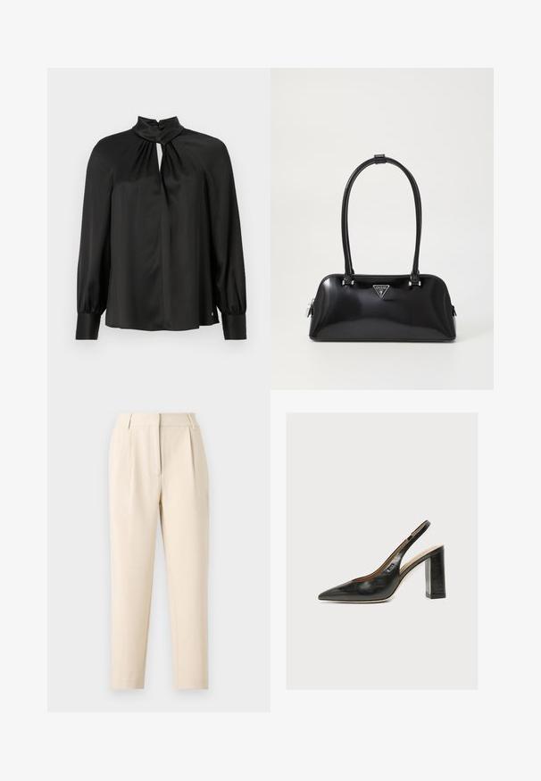 Schwarze Bluse aus leichtem, glattem Stoff, mit hochgeschlossenem Design, Schlüsselöffnung vorne und langen, gepufften Ärmeln mit eng anliegenden Manschetten.; Beige maßgeschneiderte Hose mit geradem Schnitt, die vorne Falten und eine glatte Oberfläche aufweist. Der Stoff wirkt leicht und strukturiert.; Schwarzer Leder-Damenslingback-Pumps mit spitzer Zehenpartie und dickem hohem Blockabsatz auf weißem Hintergrund.; Schwarz glänzende Handtasche mit geschwungener Silhouette, zwei Griffen und einem Logo-Plakette auf der Vorderseite. Reißverschlussverschluss und glänzende Hardwareakzente.