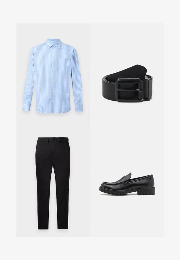 Hellblaue und weiße gestreifte Langarmhemd mit durchgehender Knopfleiste und einer einzigen Brusttasche. Einfaches, klassisches Design auf einem neutralen Hintergrund.; Schwarze Slim-Fit-Hose mit Knopf- und Reißverschluss, Gürtelschlaufen und ohne sichtbare Taschen, gezeigt vor weißem Hintergrund.; Schwarze Lederloafers mit runder Zehenform, eleganter Schlupfdesign und dicker Gummisohle mit strukturiertem Griff. Erhöhter Absatz und dezente Nähdetails.; Schwarzer Leder-Gürtel mit einer mattschwarzen metallischen Schnalle, die eine flache, glatte Oberfläche und ein verjüngtes Ende aufweist. Einfaches Design ohne Verzierungen.