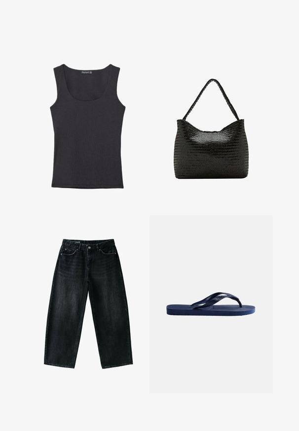 Schwarzes ärmelloses, geripptes Tanktop mit rundem Ausschnitt, geradem Saum und figurbetonter Silhouette.; Schwarze Jeans mit weitem Bein, Vorderknopf und Reißverschluss, Gürtelschlaufen und Fünf-Taschen-Design auf weißem Hintergrund.; Dunkelblaue Gummi-Zehensandale mit strukturierter Sohle und Y-förmigem Riemen auf schlichtem hellem Hintergrund.; Schwarze Schultertasche aus gewebtem Leder mit einem einzelnen geflochtenen Griff und einer weichen, abgerundeten rechteckigen Form.