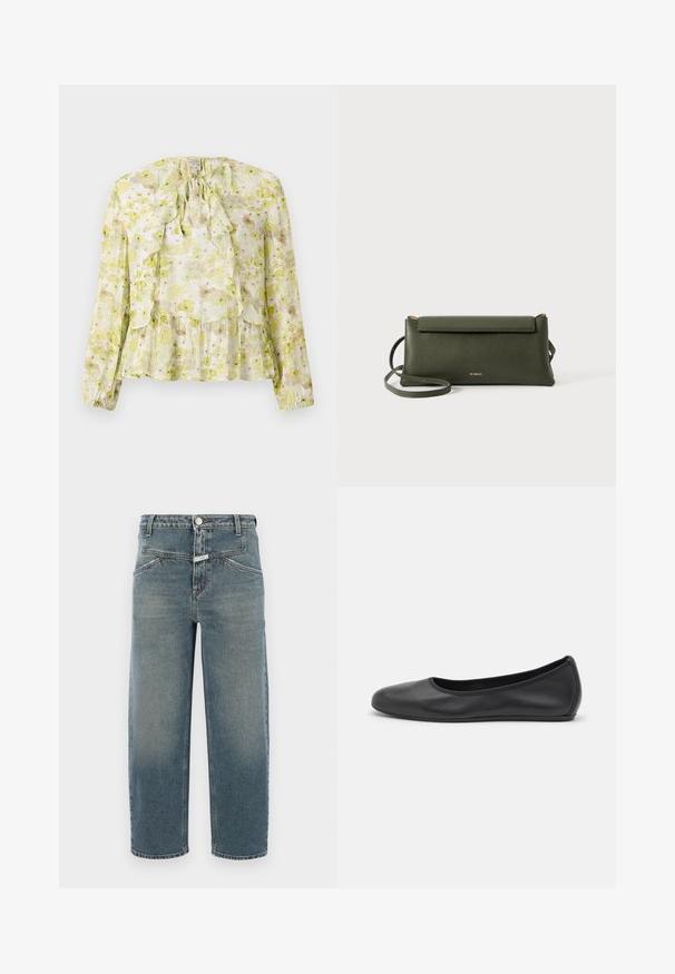 Bloemige blouse in lichtgroen en crème, met ruches, lange mouwen, een striksluiting en een gelaagde zoom met een doorschijnende textuur.; CLOSED STOVER X - Jeans Tapered Fit - mid blue; Zwarte leren ballerina met een ronde neus, gladde textuur, minimale stikdetails en een flexibele zoolontwerp.; Donkergroene textuurleer schoudertas met klep-sluiting en dunne verstelbare schouderband, geïmbosseerd met klein gouden "Bee Projects" logo.