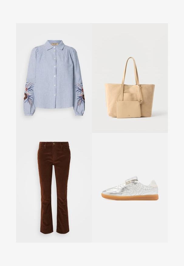 Chemise à rayures bleues et blanches avec des boutons, à manches longues, ornée d'une broderie de fleurs et de vignes sur les manches. Tissu en coton, coupe décontractée.; Pantalons en velours côtelé marron évasés avec une texture lisse, présentant une braguette zippée et un bouton de fermeture, ainsi qu'un design standard à cinq poches.; Baskets métalliques argentées avec une finition lisse, des accents texturés et une semelle en caoutchouc gomme. Elles sont dotées de lacets et d'une sangle Velcro pour la fermeture.; Sac fourre-tout en daim beige avec de longues poignées et une pochette assortie à fermeture éclair attachée, sur un fond blanc uni.