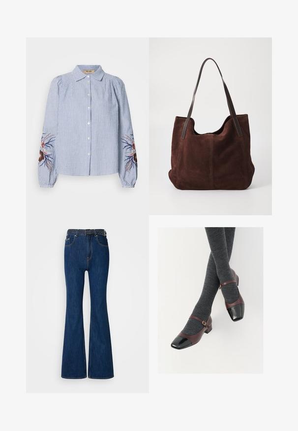 Stribet blå og hvid skjorte med lange ærmer, med broderi af blomster og vin på ærmerne. Bomuldsstof, afslappet pasform.; Blå denim flared jeans med høj talje, kontraststing og et vævet bælte med flettet design. Glat tekstur og klassisk stil.; Burgunderrøde læder Mary Jane-sko med en sort laktoej og tynd ankelrem; båret med mørkegrå ribbede strømper. Lav blokhæl.; Brun ruskind tote taske med to mørke læder skulderremme. Blød tekstur, afrundet top og et rummeligt interiør. Ingen synlig hardware eller pynt.