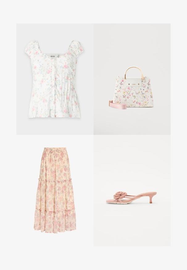 Weiße Bluse mit kurzen Ärmeln und pink-blauem Blumenmuster, durchknöpfbare Vorderseite, eckiger Ausschnitt und plissierte Details auf weißem Hintergrund.; Langer beiger Rock mit pinkem Blumenmuster, elastischem Bund mit Kordelzug und gestuften Rüschen-Details.; Helle rosa Rutschsandalen mit einem strukturierten Blumendetail am Riemen und einem kleinen Absatz. Weiches Material und offenes Design.; Weiße Handtasche mit mehrfarbigem Blumen- und Schmetterlingsmuster, goldenen Metallgriffen und einem abnehmbaren pinkfarbenen Schulterriemen.