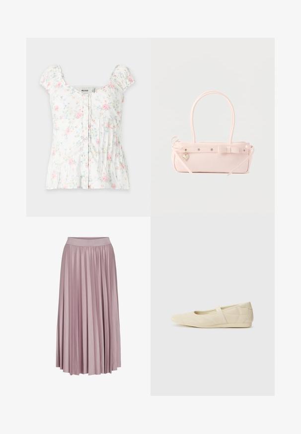 Hvid bluse med korte ærmer med pink og blå blomsterprint, knapper foran, firkantet halsudskæring og plisserede detaljer på hvid baggrund.; Plisseret lang nederdel i blødt lyserødt stof med elastisk talje. Den glatte tekstur og det svungne design fremhæver dens samlede form.; Lysebrune ballet flats med en glat læderoverflade, mandelformet tå og elastisk rem over vristen, med diskrete syninger.; Lyserød rektangulær håndtaske med dobbelte håndtag, dekorativ sløjfe, metalnitter og lille hjerteformet vedhæng på en ensfarvet baggrund.