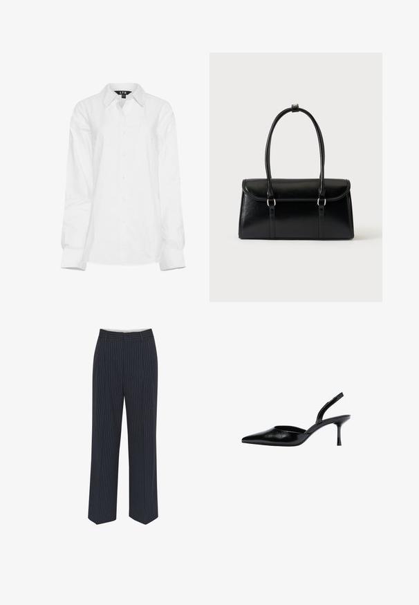 Long Tall Sally Skjortebluser - white; Mørkeblå bukser med hvide lodrette striber, vide ben, glat stof, bælteløkker og en midtersøm foran for et skræddersyet udseende.; Sort laklæder slingback pumps med spids tå og slank mellemhøj hæl, vist fra siden mod en hvid baggrund.; Sort rektangulær læderhåndtaske med klaplukning og to lange håndtag mod en ensfarvet hvid baggrund.