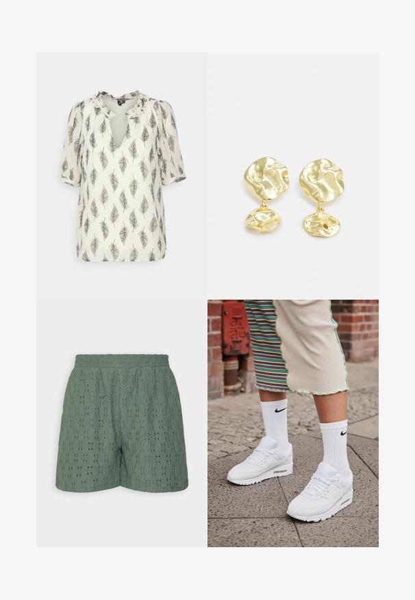 Vero Moda Tall VMSARA NECK TOP WVN BTQ TLL - Blusa - birch/sara; Vero Moda VMULRIKKE BRODERIE ANGLAIS - Shorts - laurel wreath; Zapatillas Nike Air Max 90 blancas con parte superior de malla y cuero, que cuentan con una unidad de aire visible, combinadas con calcetines blancos con relieve y logotipo negro.; Pendientes de gota en tono dorado con un diseño abstracto y texturizado que presenta dos elementos de forma irregular, uno más grande arriba y otro más pequeño abajo.