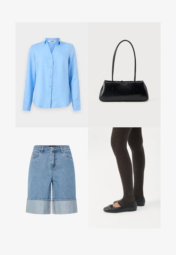 Camisa azul claro de manga larga con botones y cuello, con corte entallado y mangas remangadas aseguradas con trabillas de botones.; Pantalones cortos de mezclilla en azul claro con dobladillo enrollado, que cuentan con un cierre de botón, passantes para cinturón y dos bolsillos delanteros. Textura suave y diseño casual.; Piernas con leggings oscuros acanalados combinados con bailarinas negras que presentan pequeños detalles de lazo sobre un fondo blanco.; Bolso de hombro rectangular negro con correas largas y delgadas y una textura lisa y brillante sobre un fondo liso.