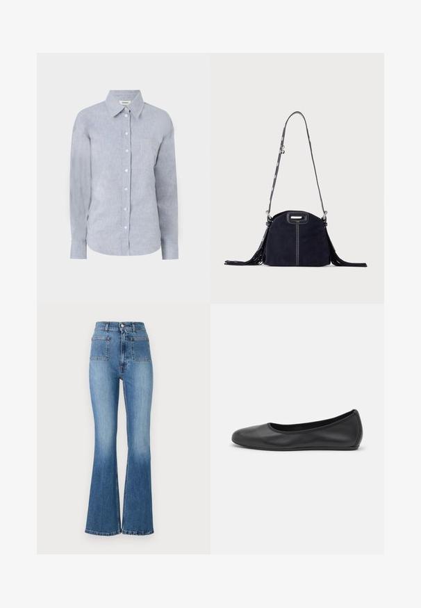 Lys blå skjorte med knapper i et tekstureret stof, med klassisk krave, lange ærmer og en enkelt brystlomme.; Bredde blå denim jeans med høj talje, der har to baglommer og en falmet vask. Nederkanten er syet med et subtilt design.; Sort læderballetsko med rund tå, glat tekstur, minimal syning og et fleksibelt såldesign.; Mørkeblå ruskindstaske med hvide syninger, et udskåret håndtag, mønstret skulderrem og lange frynser på begge sider.