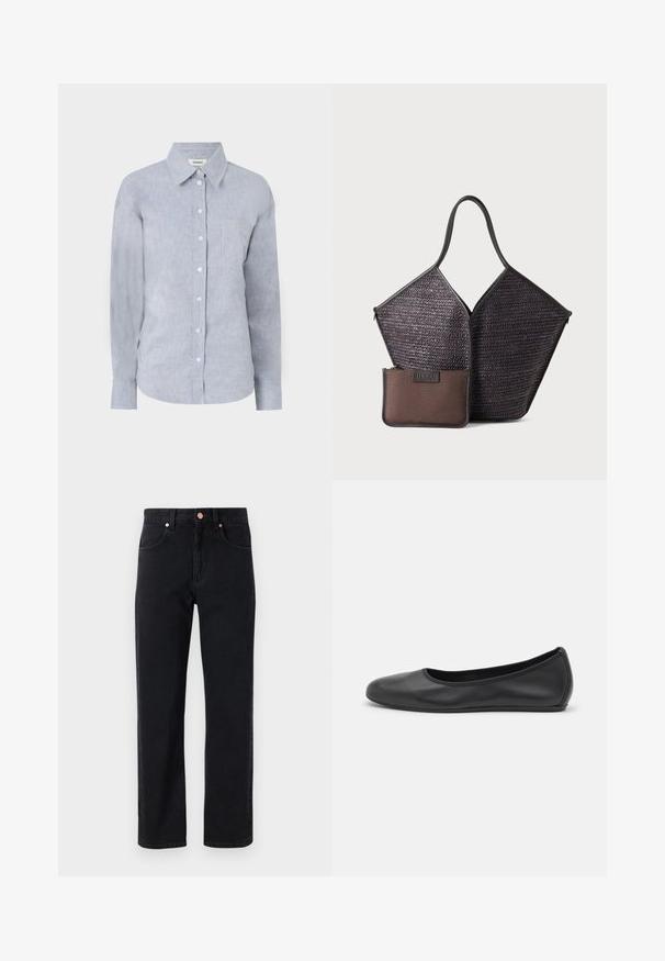 Hellblaues Hemd mit Knopfleiste aus strukturiertem Stoff, mit klassischem Kragen, langen Ärmeln und einer einzelnen Brusttasche.; Schwarze Jeans aus Denim mit geradem Bein, Fünf-Taschen-Design, Kupferknopfdetails und minimal sichtbaren Nähten.; Schwarze Leder-Ballettschuhe mit abgerundeter Spitze, glatter Textur, minimalen Nähdetails und einem flexiblen Sohlen-Design.; Hereu CALELLA - Shopping Bag - dark brown