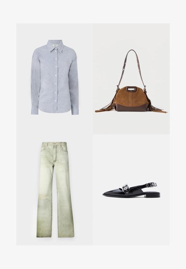 Lichtblauw overhemd met knopen in een textuurstof, met een klassieke kraag, lange mouwen en een enkele borstzak.; Vervaagde groene denim jeans met een hoge taille, wijde pijp en versleten plekken. Voorzien van een knoopsluiting en vijf zakken.; Zwarte platte puntige schoen van lakleer met dubbele zilveren gespen en een slingback hak, op witte achtergrond.; Bruine suède handtas met een gebogen vorm, donkerbruine lederen accenten aan de onderkant en franjes aan de zijkanten. Voorzien van een bovenhengsel en een decoratieve riem.