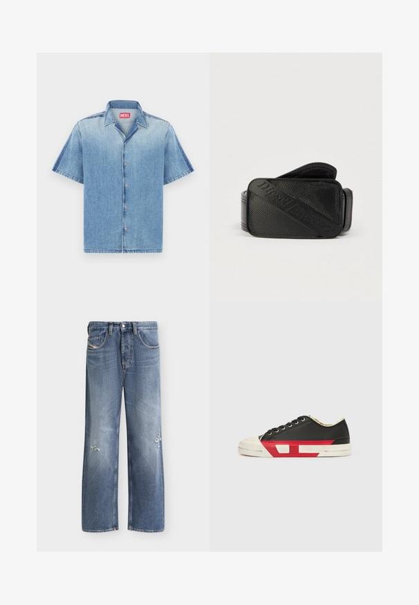 Chemise en jean à manches courtes bleu clair avec bords effilochés, boutons sur le devant et col pointu. Présente une étiquette de marque rouge au niveau du cou.; Jean bleu droit avec légère usure aux deux jambes, poches avant, passants de ceinture et fermeture par bouton.; Baskets en toile noire avec des accents rouges, un bout en caoutchouc et une semelle blanche. Elles présentent des lacets noirs et un design texturé sur le côté.; Ceinture noire présentant un design texturé avec un logo en relief bien visible. Le matériau semble lisse avec une finition en cuir.