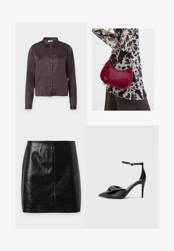 Blouse en satin marron foncé à manches longues, boutonnage sur le devant, col évasé et texture lisse. Pas de motifs ni d'accents visibles.; Jupe mini en cuir synthétique noir avec une texture lisse et brillante, présentant une coupe droite et des coutures minimales au niveau de la taille.; Chaussure à talon noir avec bout pointu, accent de nœud en satin et bride de cheville réglable avec ferrures argentées. Texture en cuir lisse.; Femme portant un chemisier à motif noir et blanc tenant un sac à main rouge brillant sur un fond uni.